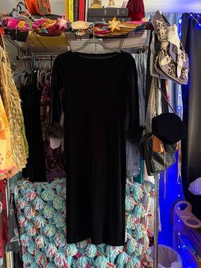 Black Velvet Long-Sleeve Midi Dress with Feather Cuffs